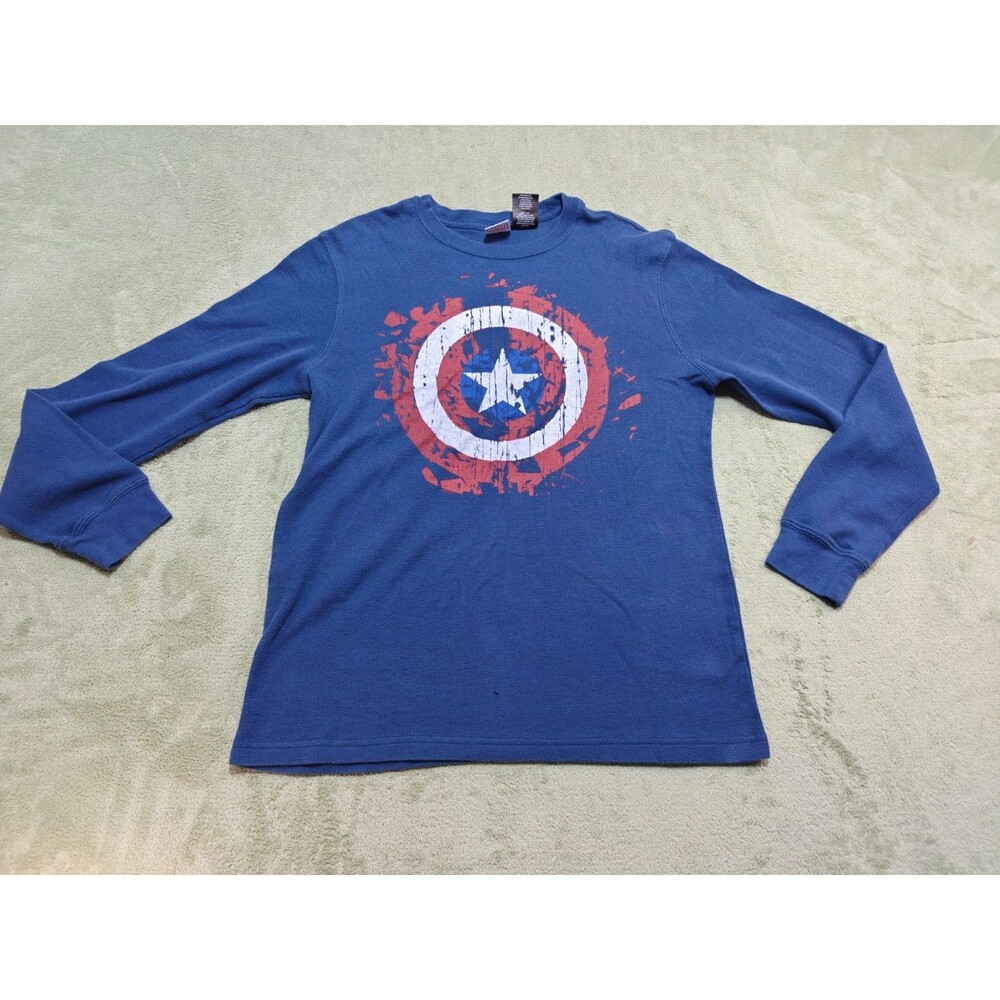 Marvel Captain America Thermal Long Sleeve Shirt Mens L Blue Waffle Graphic Flaw